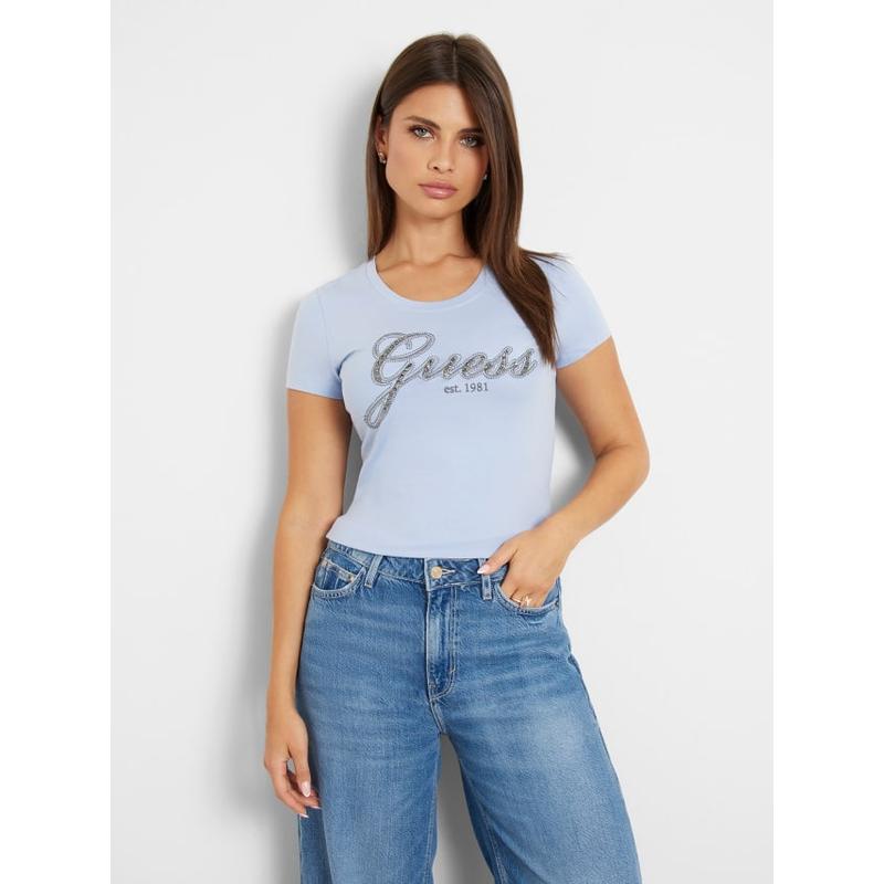 T-shirt elástica logo à frente com strass Guess