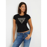 T-shirt elástica logo triângulo com strass Guess